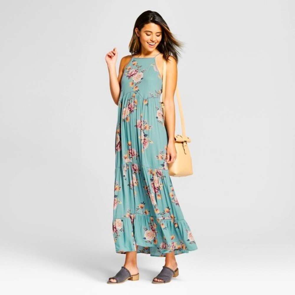 Blue Floral Boho Lace-Up Maxi Dress